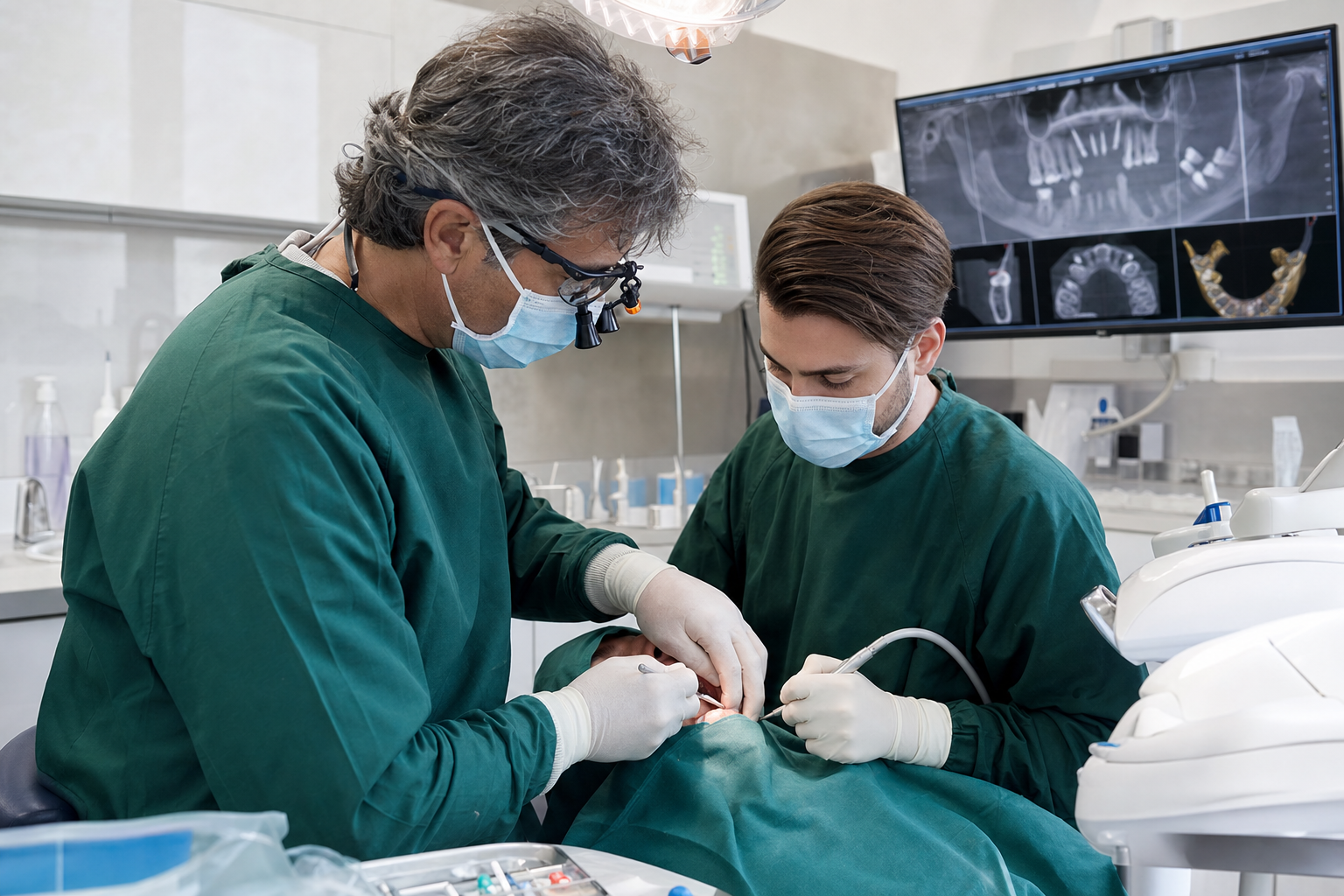 Instructor guiding a dentist during supervised implant surgery