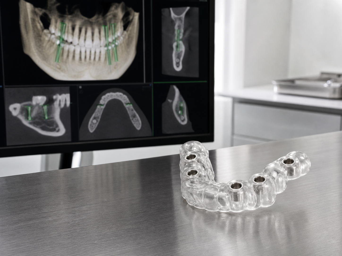 A surgical guide beside a CBCT planning screen, one tool within the complete implant workflow
